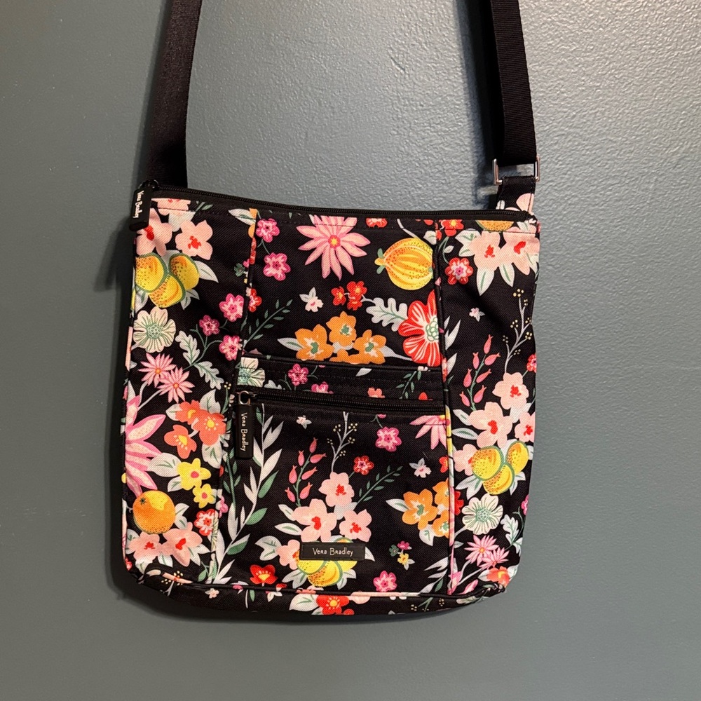 Vera Bradley Black Floral Crossbody with Pink and Yellow Blooms